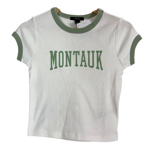 Forever 21 Montauk Ringer T-Shirt Crop Top White Green Short Sleeve Womens S - Picture 2 of 10
